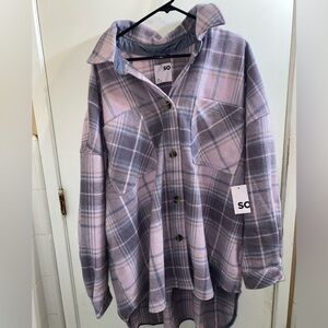 💜🩶 SO Shirt Jacket Womens Juniors Pink Purple Plaid Oversized Shacket Sz 2X
